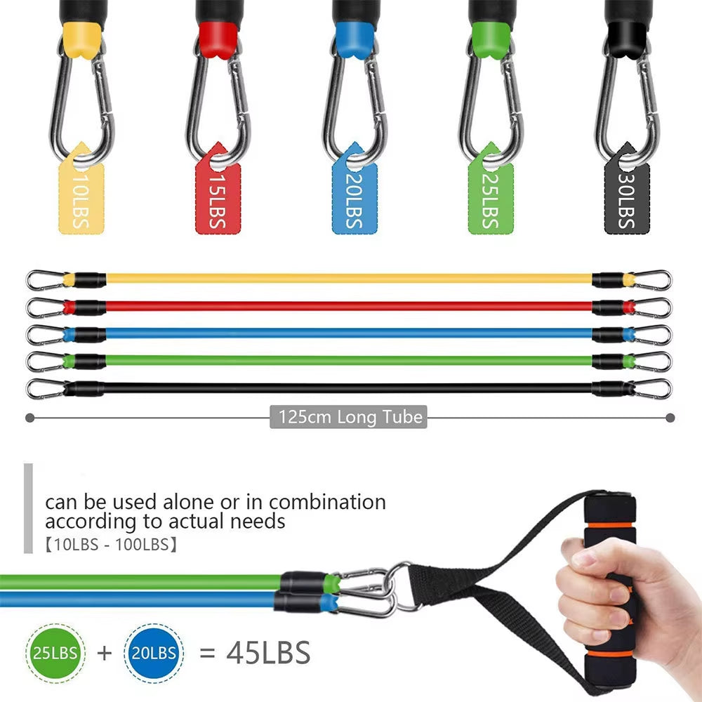 11Pcs Elastic Band Pull Rope Resistance Bands Set Expander Tubes Rubber Stretch Training Physical Therapy Gyms Workout 100LB